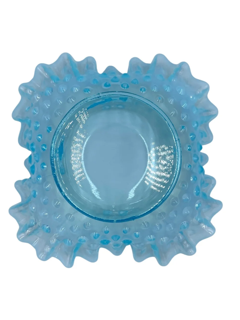 Vintage Fenton Blue Opalescent Hobnail Ruffled Fan Vase & Bon Bon Dish